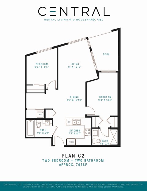 Floor plan for 2 beds, 2 baths, 798 sqft